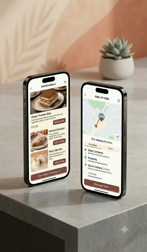 Restaurant menu on one phone and live delivery tracking on the other